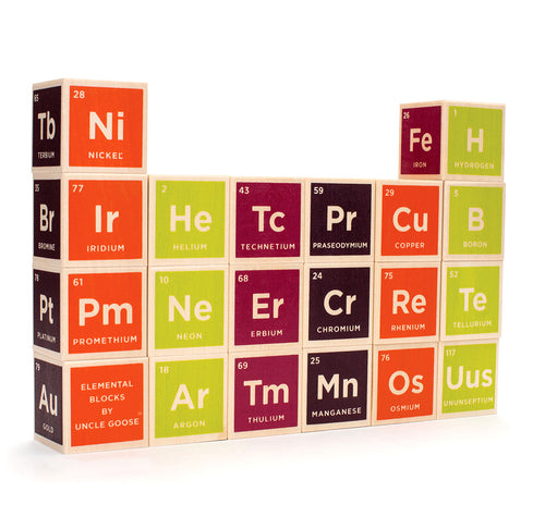 The blocks are standing in the classic periodic table form. The blocks are orange, wine red, green, and teal with element numbers, symbols, and names.