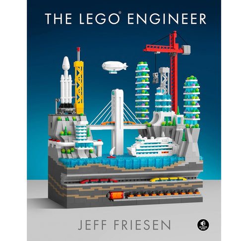 Front cover features a section of a city built with Lego bricks. The city includes skyscrapers, a crane, a cruise ship, rocket, underground subway, and body of water. 