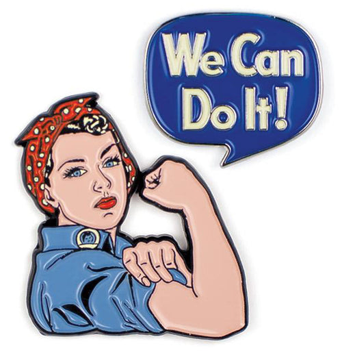 Rosie the riveter pin with a blue speech bubble. 