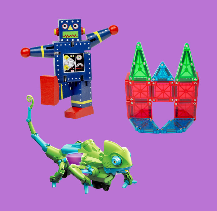 A robot, chameleon, and tower toys on a purple background