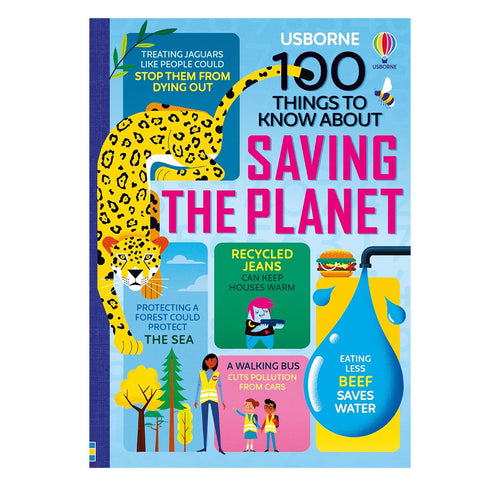 A blue cover with different sections that share facts. There is a yellow leopard featured on the left and a big water drop on the right. 