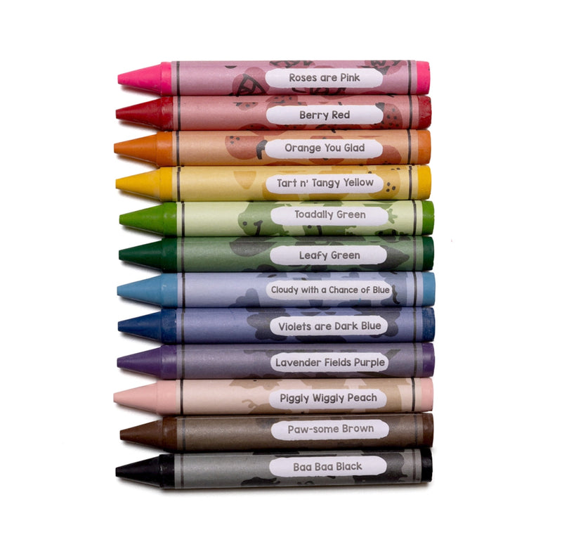 A vertical stack of twelve crayons in assorted colors, each with a white label showing the crayon's name and color description, on a plain white background.