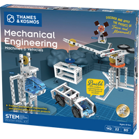 Thames & Kosmos Mechanical Engineering Machines & Vehicles STEM educational kit box, showing assembled toy vehicles and structures on a blue box design with product details and age information.