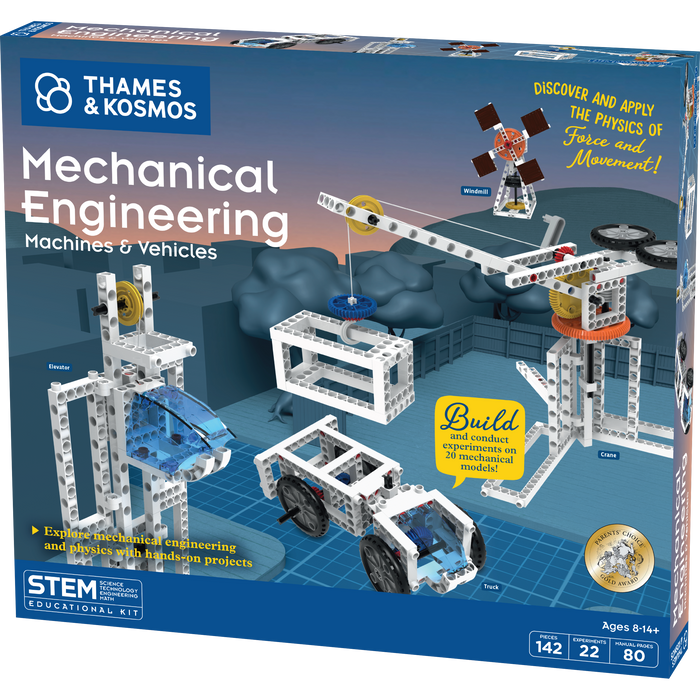 Thames & Kosmos Mechanical Engineering Machines & Vehicles STEM educational kit box, showing assembled toy vehicles and structures on a blue box design with product details and age information.