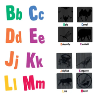 Colorful uppercase and lowercase letters B through M pair with black animal silhouettes and labels—bat, camel, dragonfly, elephant, jellyfish, kangaroo, lion, and mouse—in a playful alphabet-learning chart.