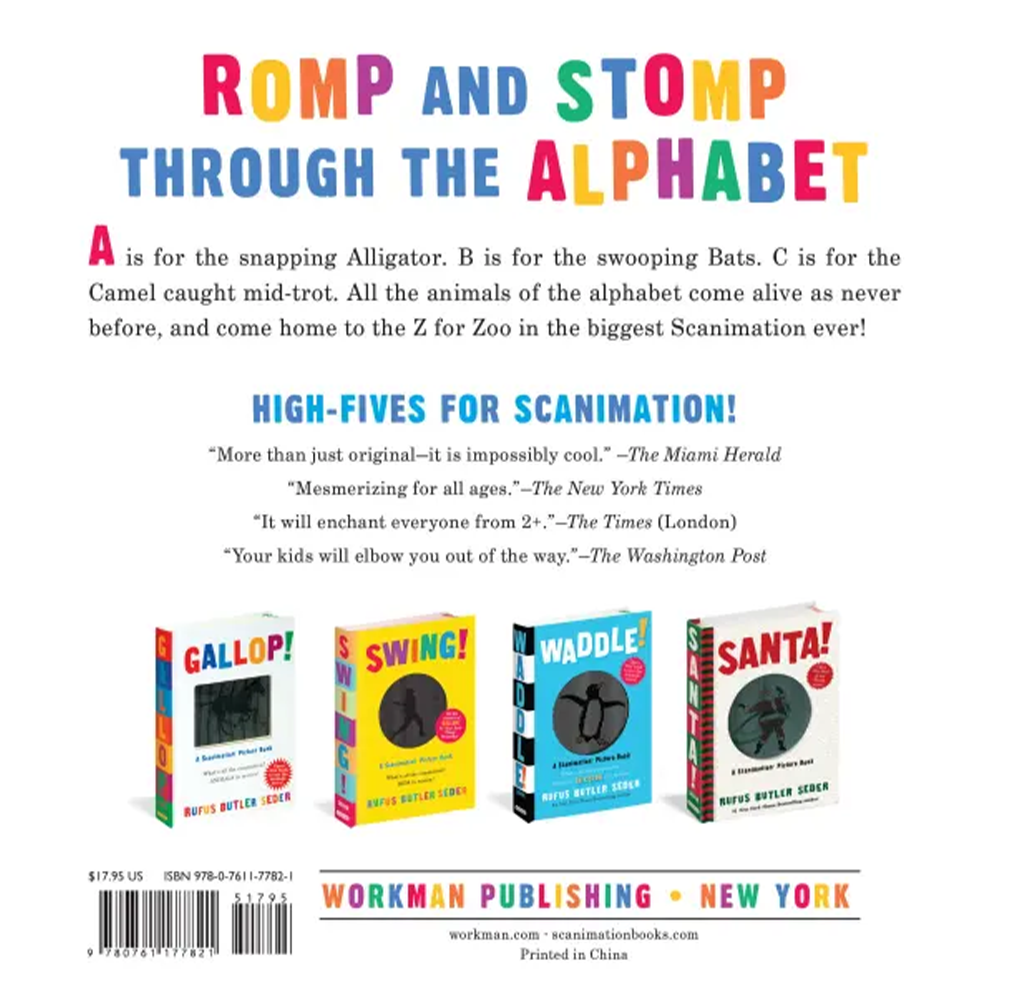 A colorful book cover for *Romp and Stomp Through the Alphabet*, with playful lettering, an alphabet-themed blurb, review quotes, and four bright children’s books.