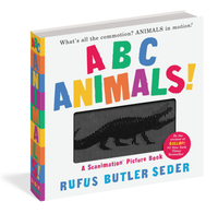 A colorful children’s book cover for “ABC Animals!” by Rufus Butler Seder, with bright block letters and a moving-image panel showing a galloping animal; playful, lively tone.