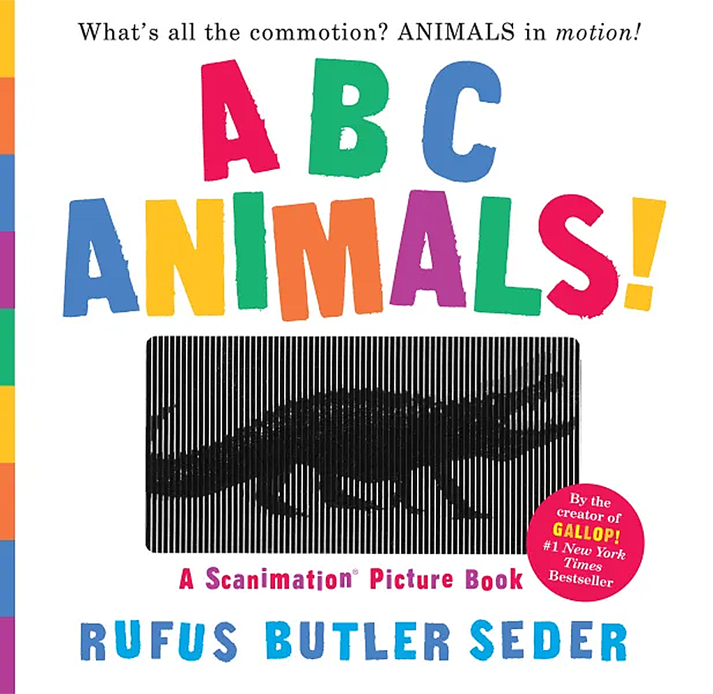 Colorful children’s book cover reads “ABC Animals!” above a striped Scanimation panel showing a moving black animal silhouette, with a playful, energetic tone.