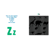 An alphabet-learning page for “Z,” with blue verse about animals gathering and a black-and-white zoo illustration of silhouetted animals behind bars; playful, educational tone.