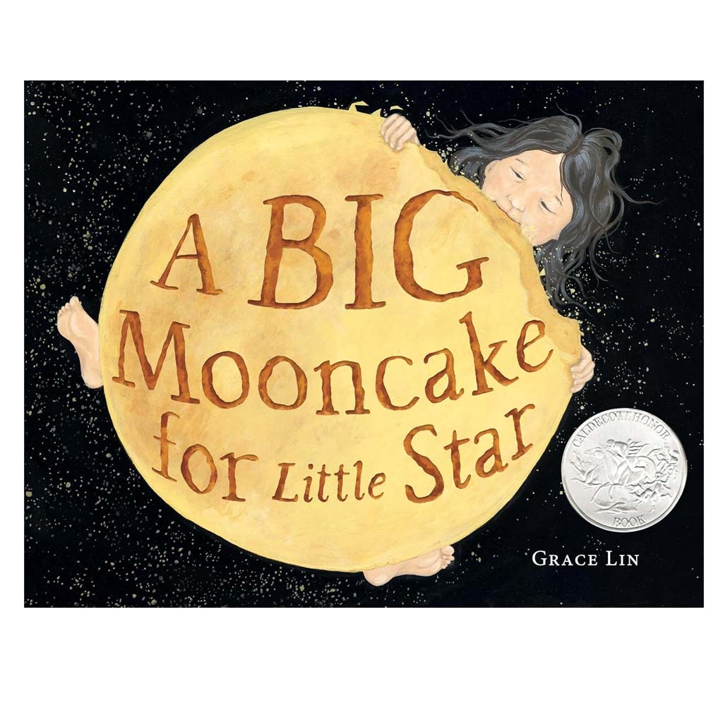 Child eating a large mooncake floating in space with the title across the mooncake.