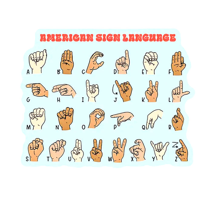 Ethnically diverse hands showing the motions of the sign language alphabet against a light blue background.