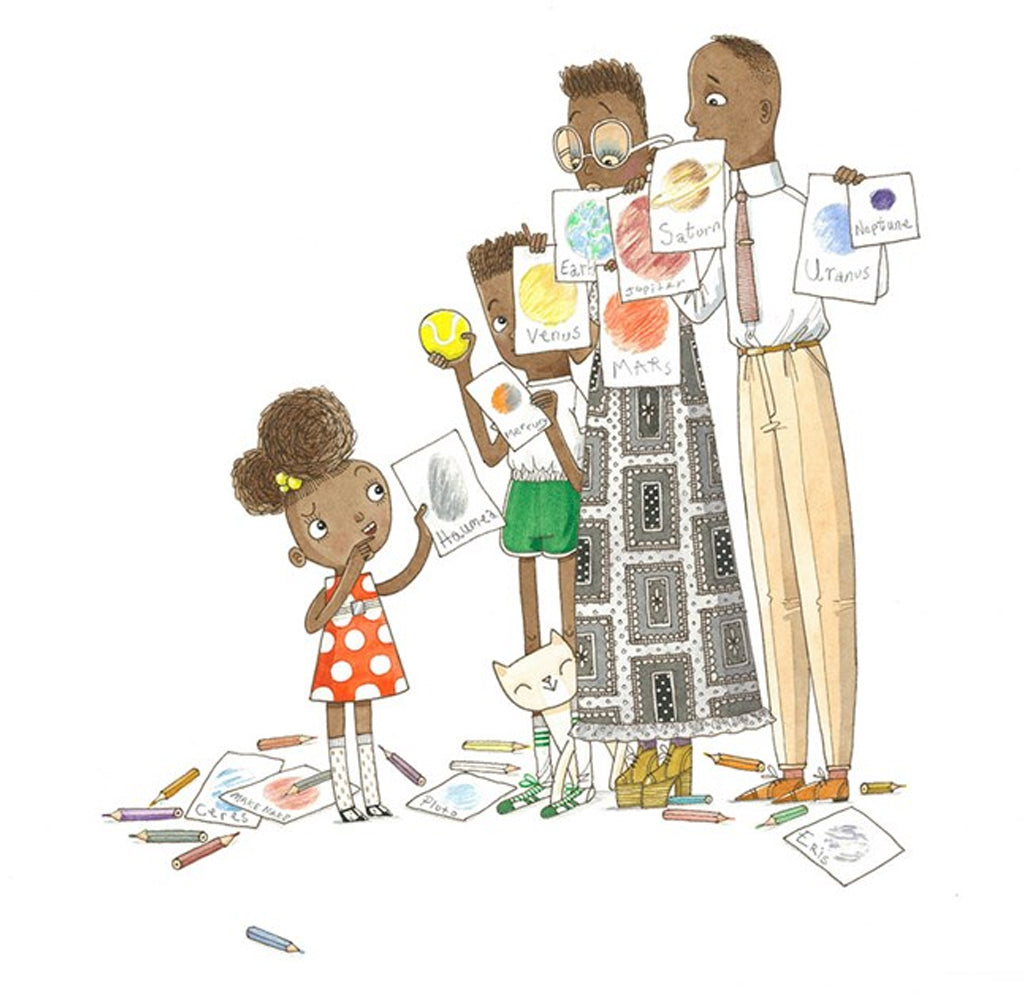 A whimsical illustrated family scene showing a father, mother, and two children holding up colorful drawings, with crayons and papers scattered on the floor, on a plain white background.