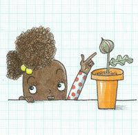 A whimsical illustration of a young girl with curly brown hair peeking over a ledge next to a small potted plant, drawn in a hand-drawn style on a light blue graph paper background.
