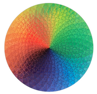 A circular jigsaw puzzle featuring a complete rainbow color spectrum arranged in a radial wheel pattern, isolated on a white background.