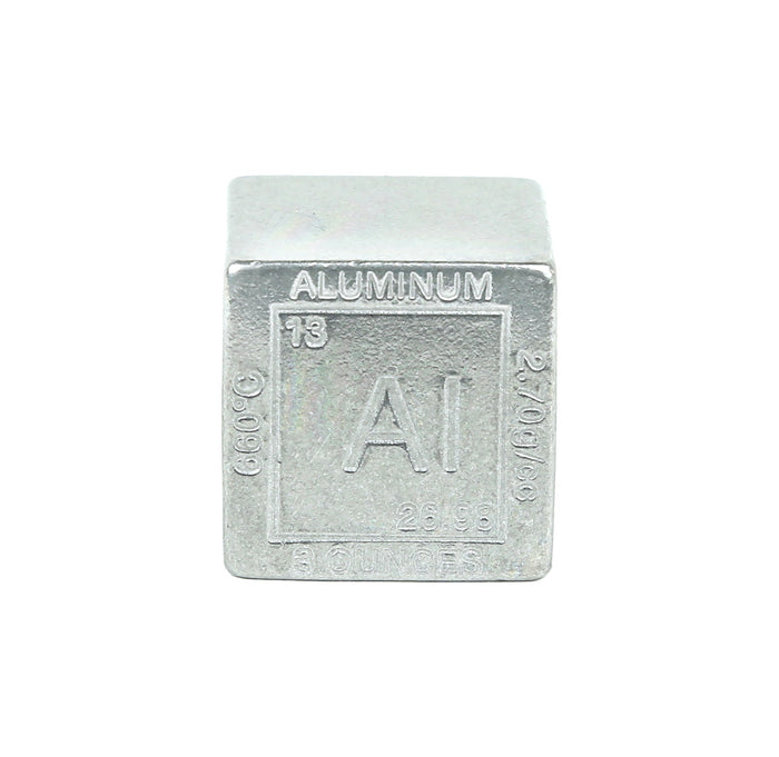 Metal cube with the chemical information of aluminum on the front. 