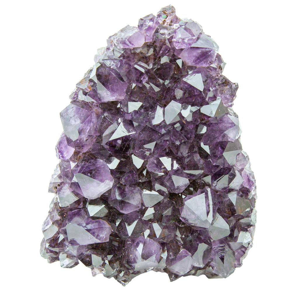 Amethyst crystal cluster on a white background