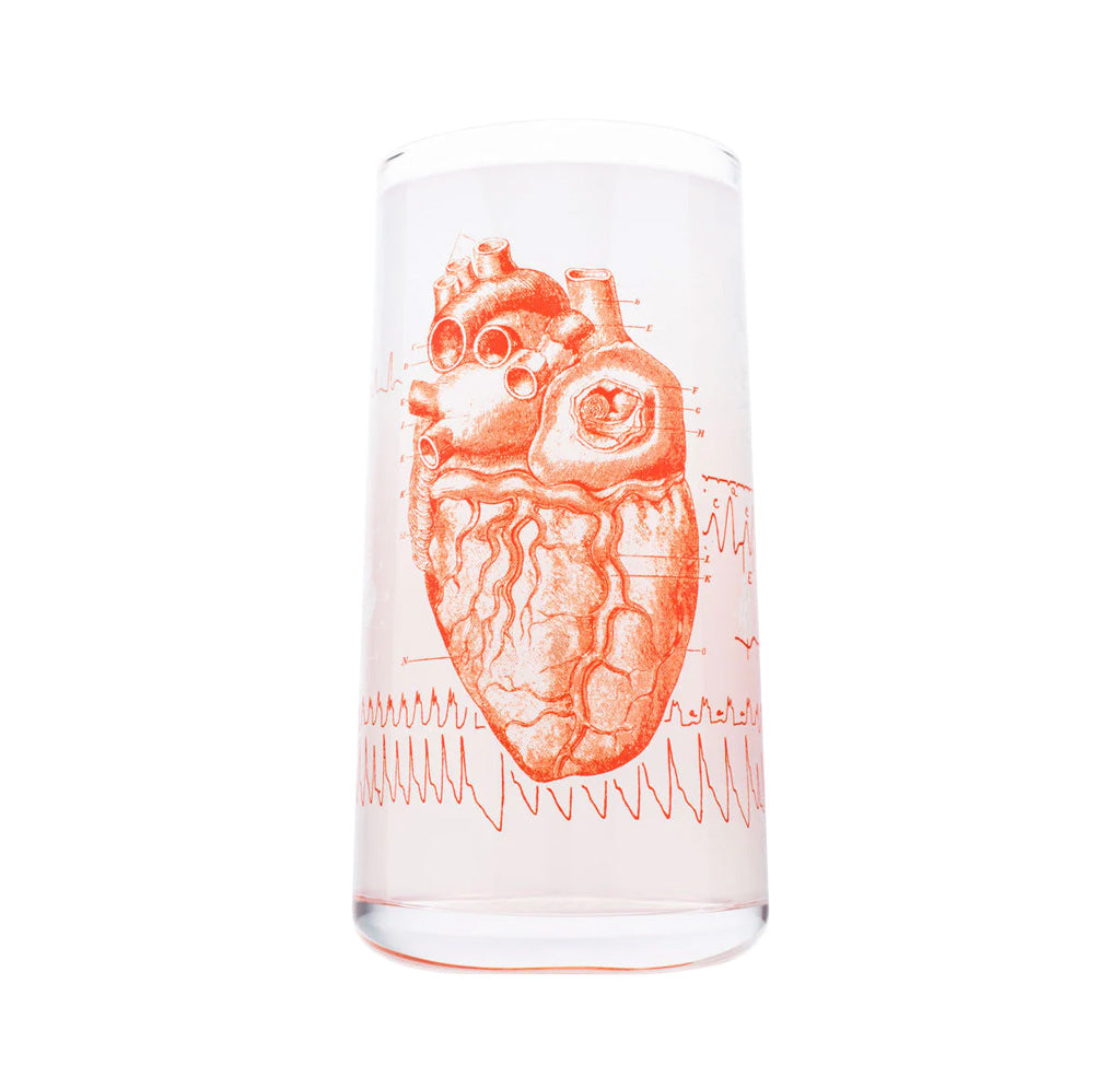 Clear drinking glass with red anatomical heart design on a white background
