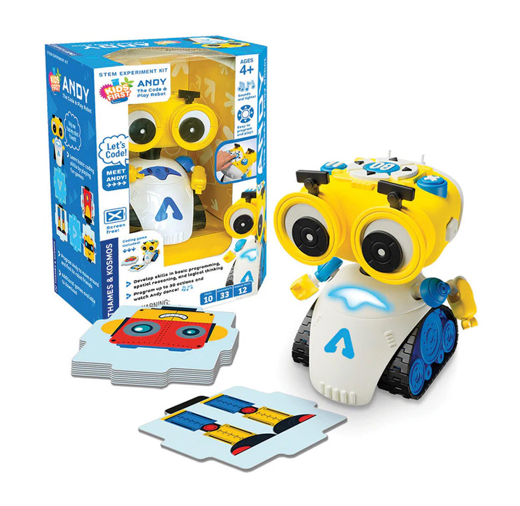 Toy robot with coding cards and packaging on a white background