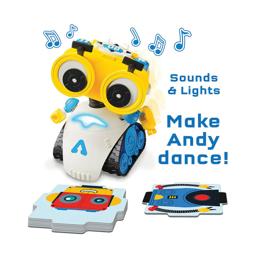 Toy robot with cards on a white background, featuring sounds and lights.