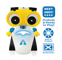 Toy robot with large yellow goggles on a white background