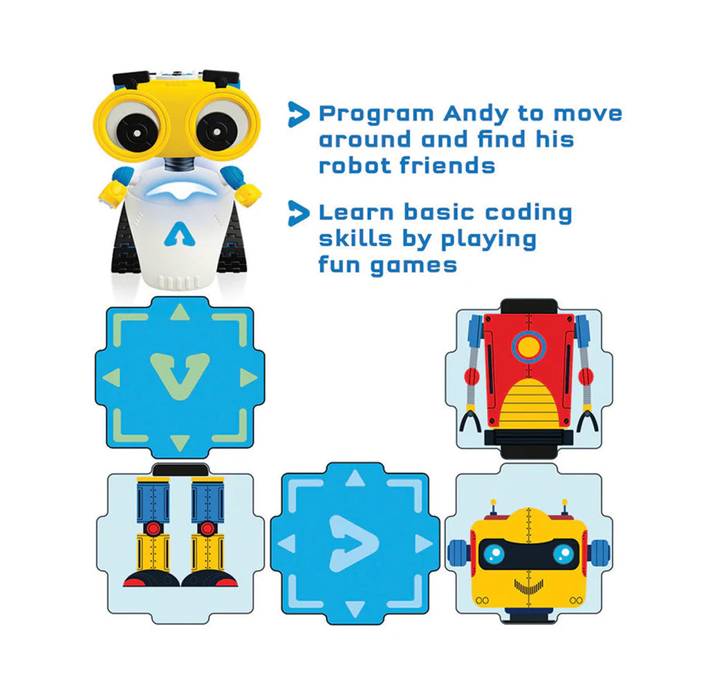 Toy robots with programming elements on a white background