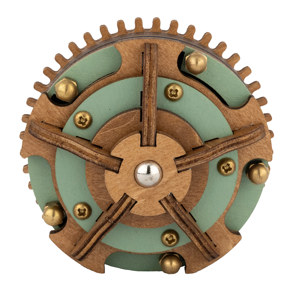 Close-up of a handcrafted wooden gear mechanism with green panels, brass knobs, radial arms, and a central silver pivot; intricate, steampunk tone.
