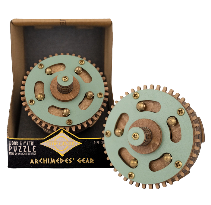 A wooden and metal Archimedes' Gear puzzle set shown with its open box and the assembled gear mechanism. The puzzle features a light green painted metal gear with bronze-colored teeth and brass pins, and a natural wood center.