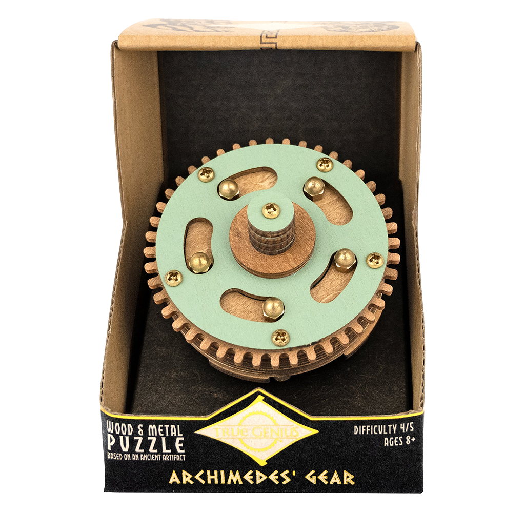 Wood-and-metal gear puzzle in an open black box, featuring a mint-green circular mechanism, brass gears, wooden pins, and a vintage tone.