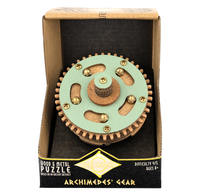 Wood-and-metal gear puzzle in an open black box, featuring a mint-green circular mechanism, brass gears, wooden pins, and a vintage tone.