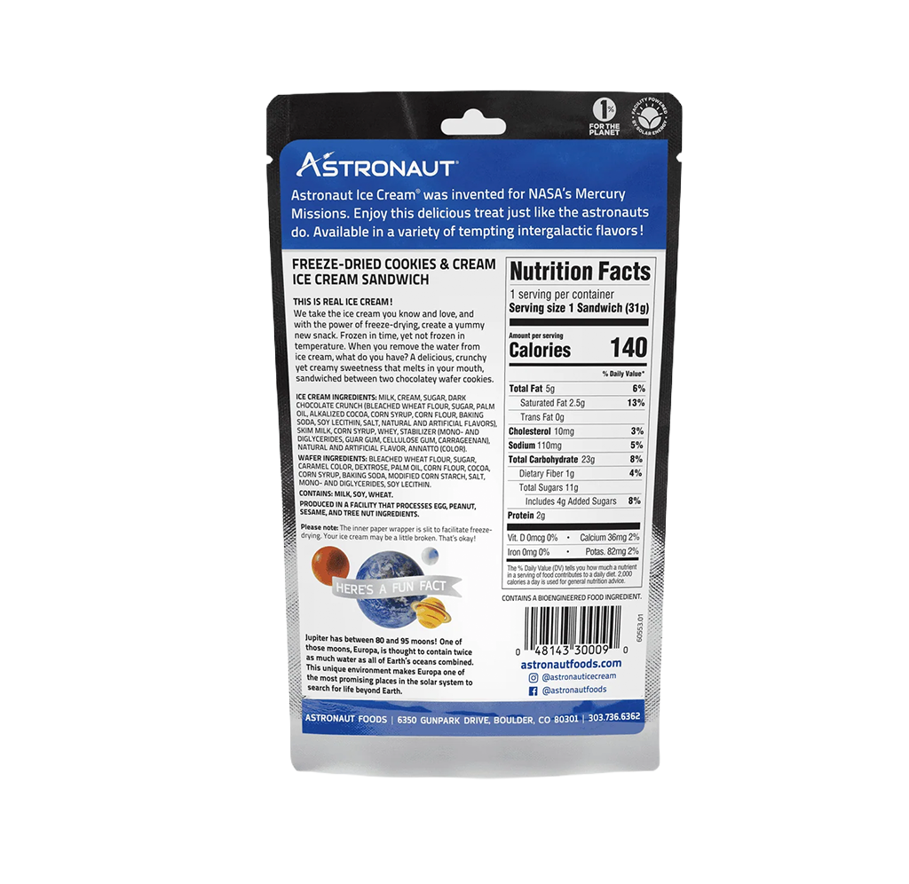 Back of an Astronaut Foods ice cream sandwich pouch, showing strawberry flavor, nutrition facts, ingredients, and playful space-themed text.