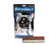Astronaut Cookies & Cream ice cream sandwich package with a space-suited astronaut and a chocolate-and-vanilla ice cream bar, whimsical.