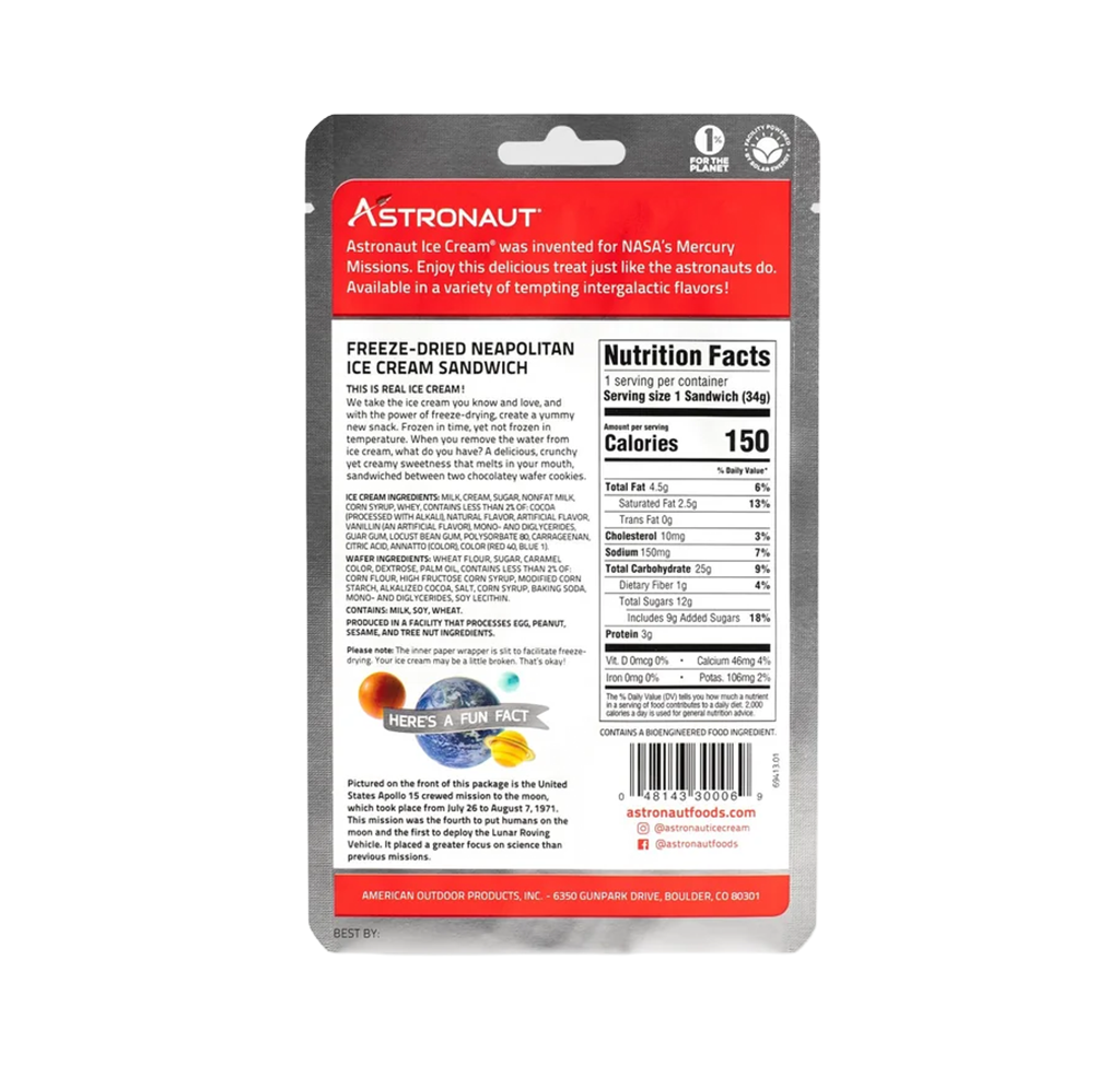 Back of an Astronaut freeze-dried Neapolitan ice cream sandwich package, showing product details, nutrition facts, NASA-themed graphics, and red-gray design.
