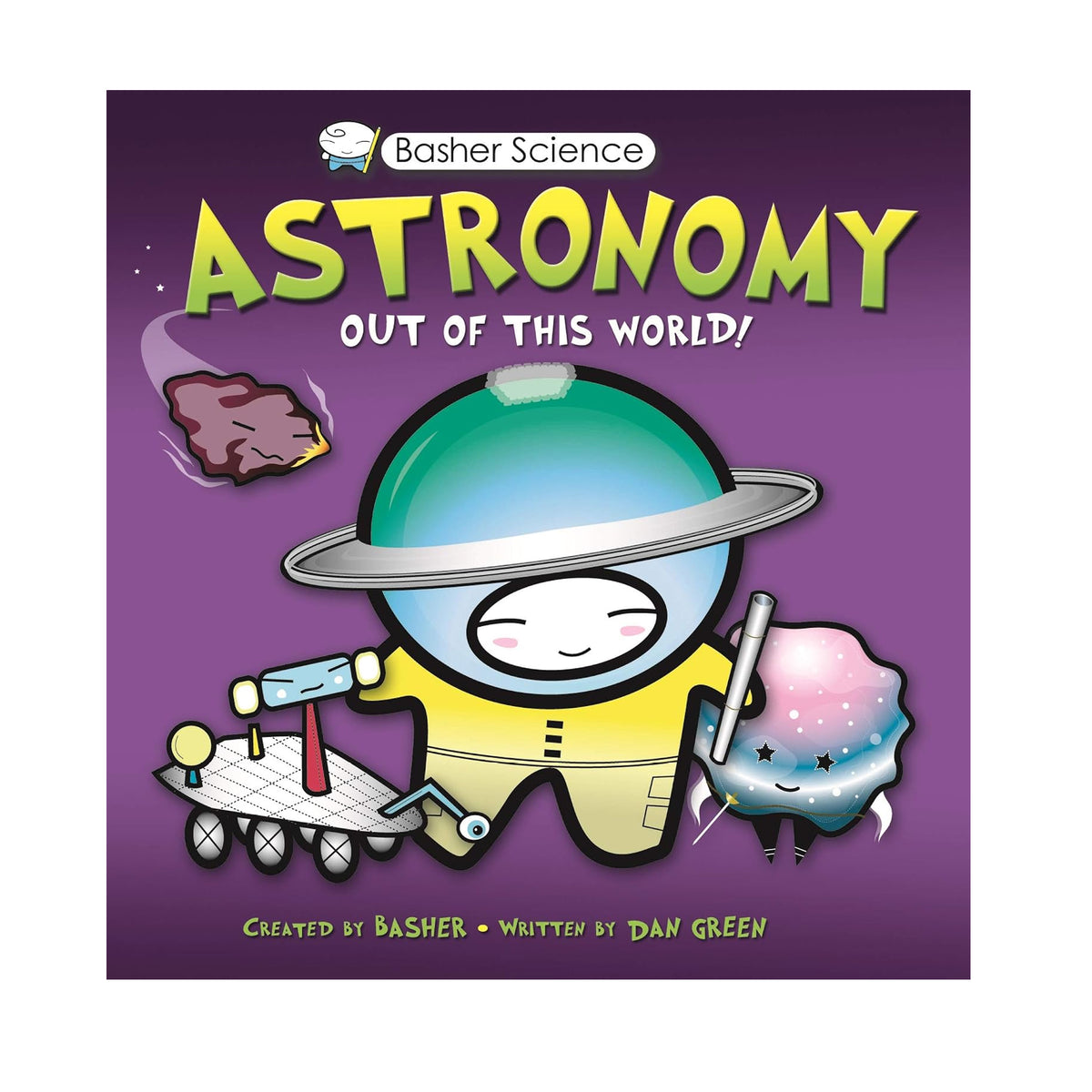 Children's book cover titled 'Astronomy Out of This World!' from Basher Science, featuring a cartoon astronaut on a purple space background with planets and a rocket.