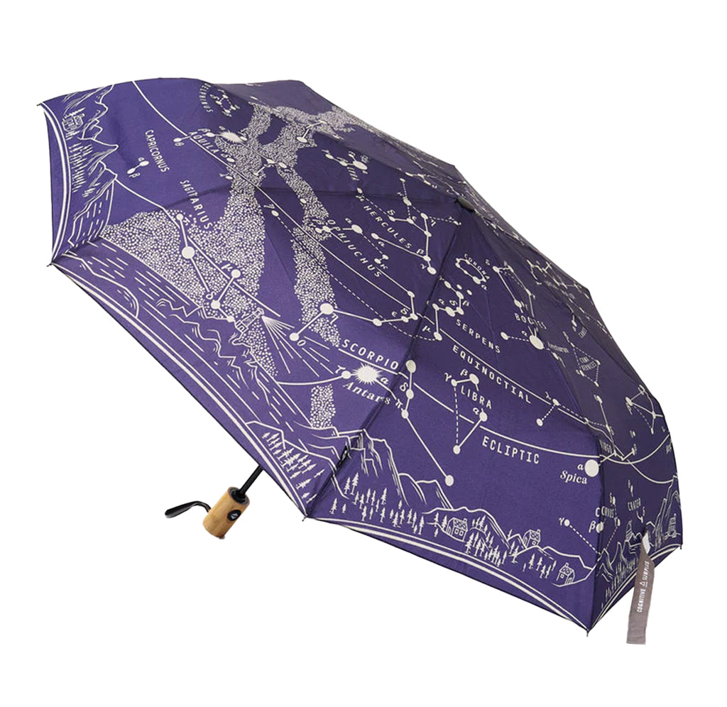 Navy blue umbrella opened with white constellations on the background. Bamboo handle.