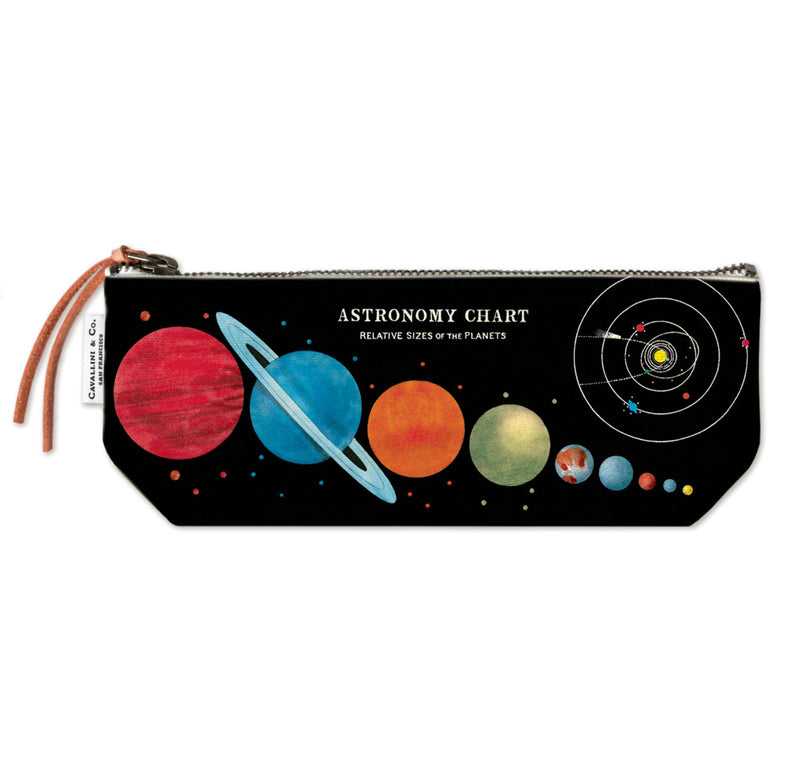 Black pouch with images of the planets organized from largest to smallest. The pouch has a zipper on the top with a brown leather cord pull. 
