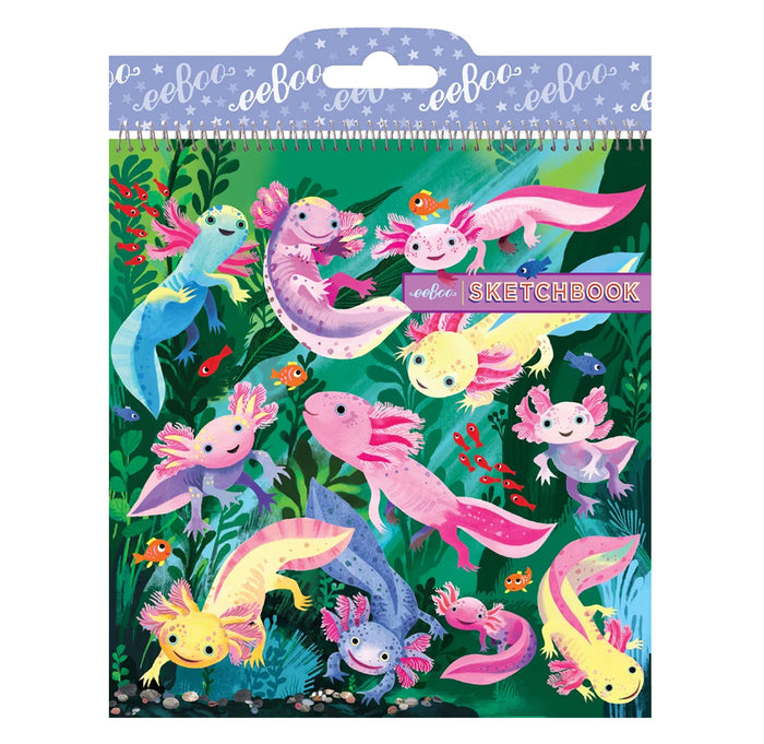 A square spiral-bound children's sketchbook by eeBoo with a green cover featuring whimsical, colorful illustrations of axolotls (pink, blue, and yellow Mexican salamanders) drawn by artist Linda Bleck