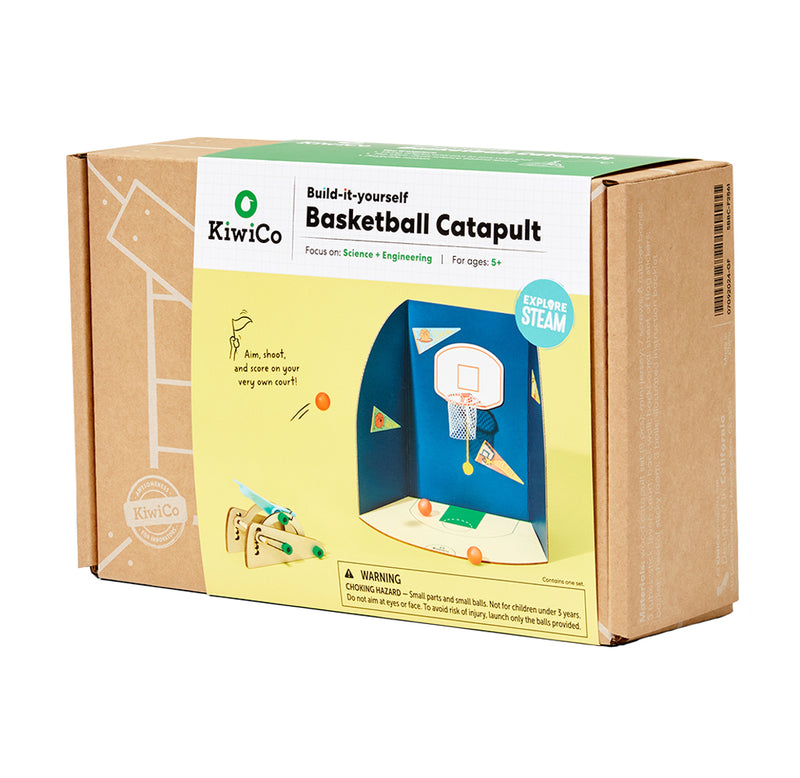 KiwiCo build-yourself basketball catapult kit packaging on a white background