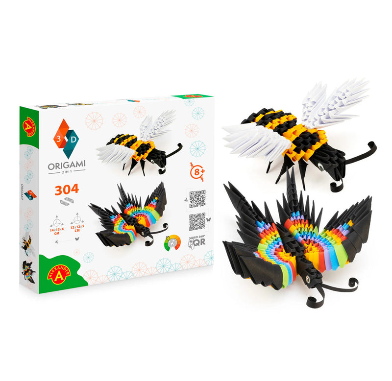 Box with image of folded paper in the shape of a bee and butterfly. The bee and butterfly models are sitting next to the box. 
