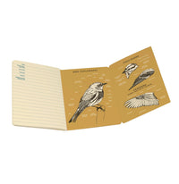 Open foldout page in the notebook showing bird topography and field markers