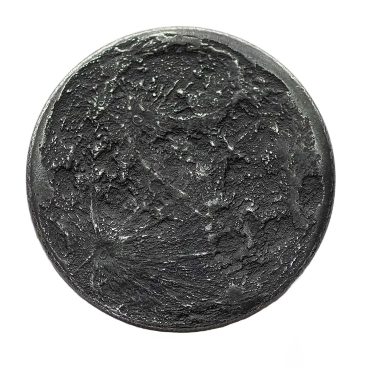 A round black iron coin with a highly detailed, textured lunar surface design featuring craters and shadows, isolated on a white background.