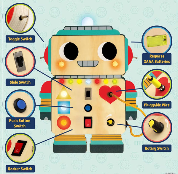 An infographic pointing out the interactive parts of the robot, toggle switch, slide switch, push button switch, rocker switch, pluggable wire, rotary switch and requires 2 AAA Batteries written out.