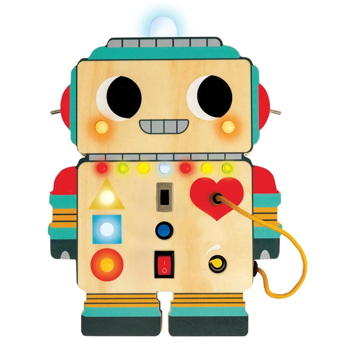 A red, blur and yellow wooden robot with red, blue and yellow lights lit up, switches and plugs