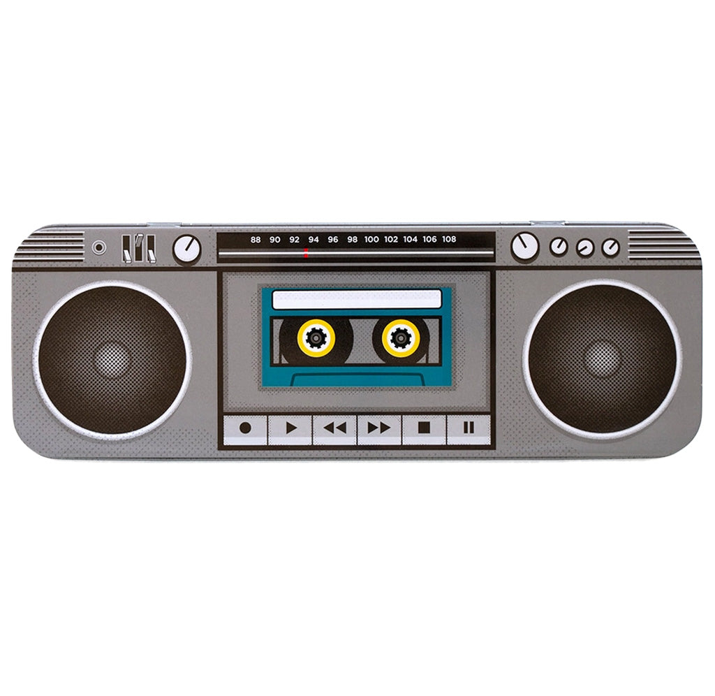 A retro-style boombox radio or cassette player shown from the front on a plain white background. The device is gray with black speaker grilles and a central cassette window graphic in teal, yellow, and black.