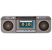 A retro-style boombox radio or cassette player shown from the front on a plain white background. The device is gray with black speaker grilles and a central cassette window graphic in teal, yellow, and black.