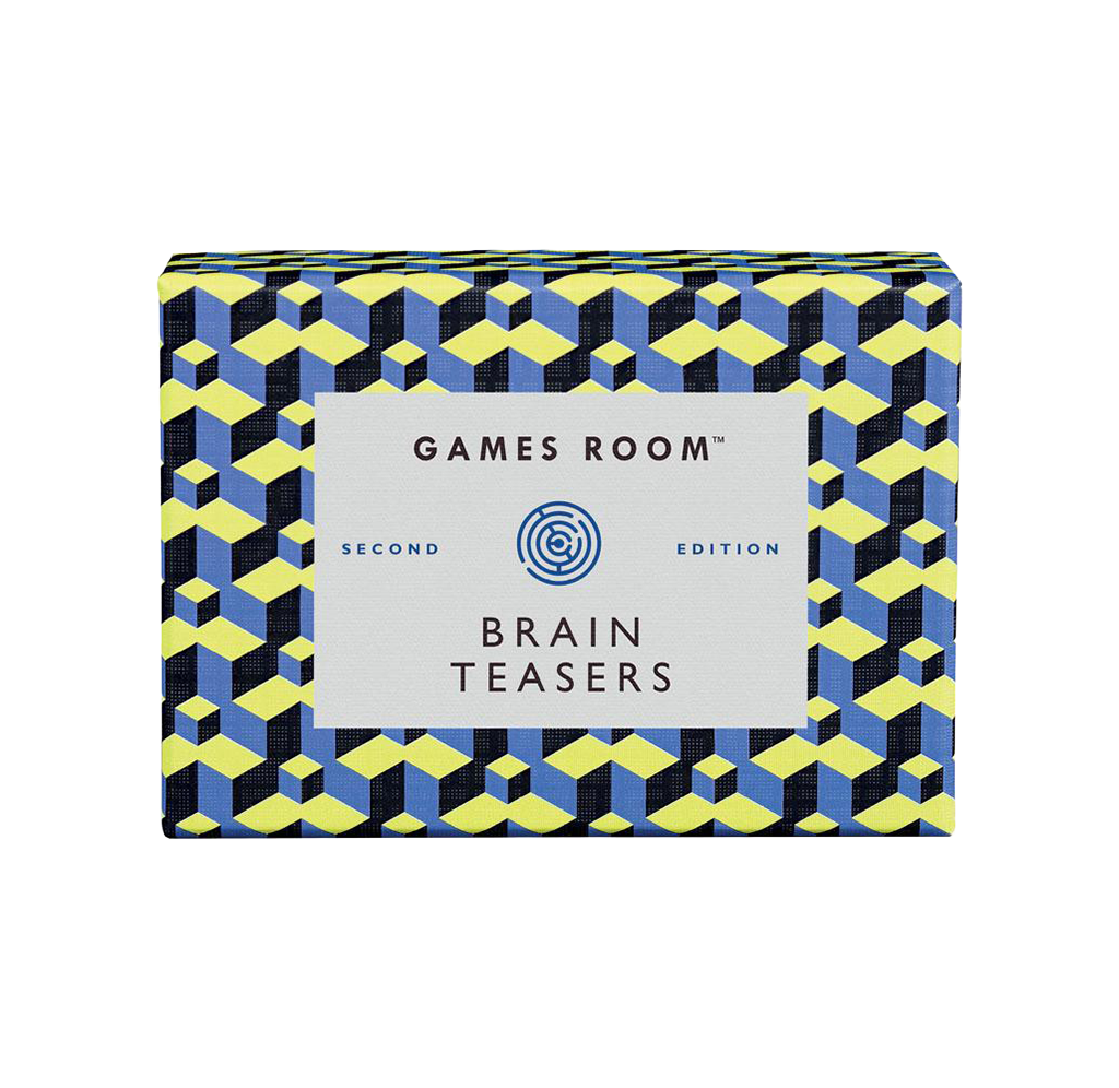A rectangular Games Room “Brain Teasers” second-edition box with a bold repeating blue, black, and yellow geometric cube pattern; playful, brainy tone.