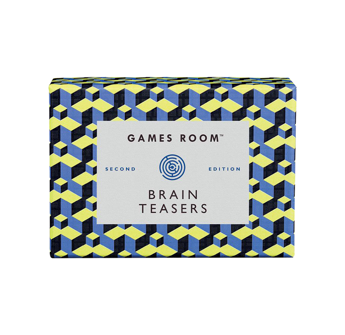 A rectangular Games Room “Brain Teasers” second-edition box with a bold repeating blue, black, and yellow geometric cube pattern; playful, brainy tone.