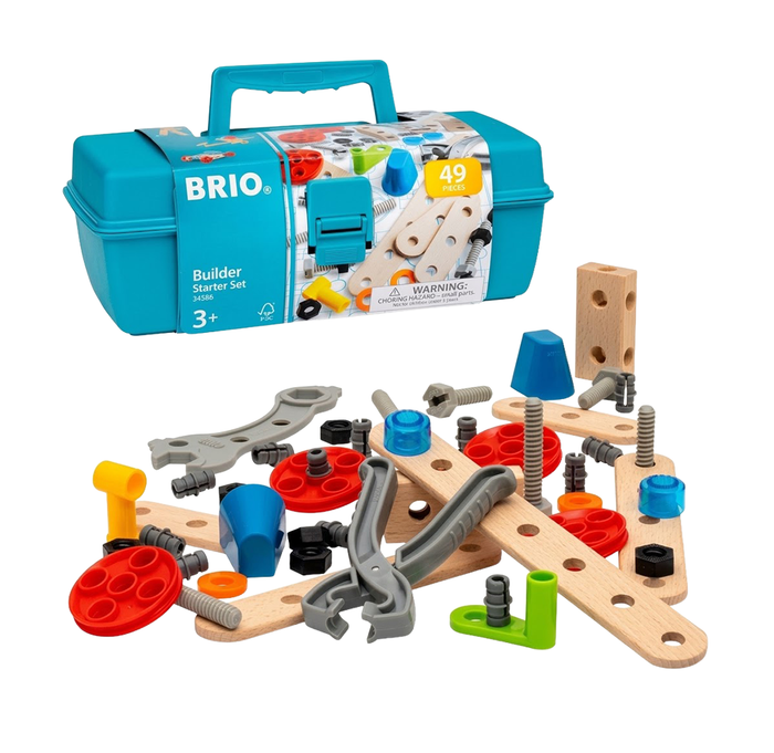 BRIO Builder Starter Set in a turquoise carry case, with wooden planks, gears, screws, and colorful connectors arranged below; creative, playful toy