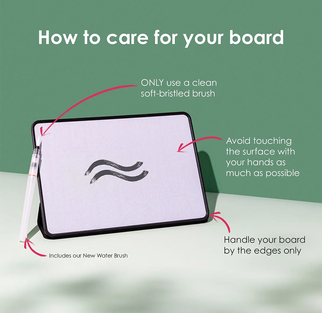 Instructional graphic titled 'How to care for your board' showing a white writing board with a black frame and a water brush, with callout arrows and text giving care instructions.