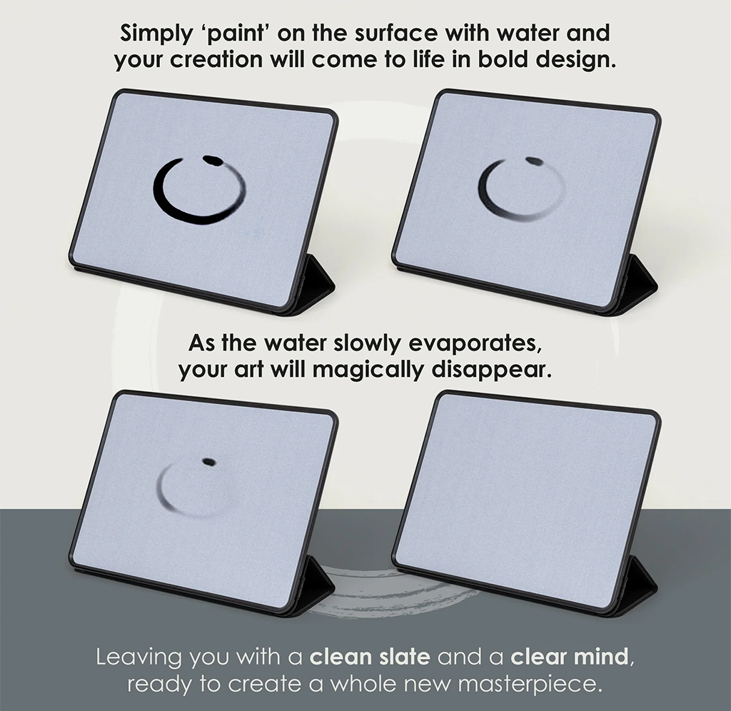 Four square tablets shown from the front on a light background, each with a small circular black mark in the center. Text explains a water-based art effect that disappears as water evaporates.