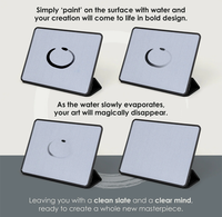 Four square tablets shown from the front on a light background, each with a small circular black mark in the center. Text explains a water-based art effect that disappears as water evaporates.